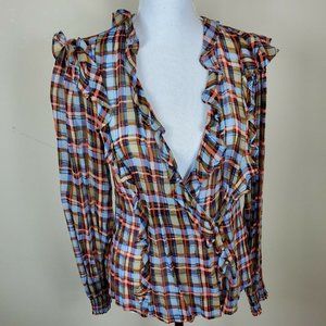 ANTHROPOLOGIE Maeve Laila Ruffled Plaid Blouse Sheer Deep V Neck Women's Size 8